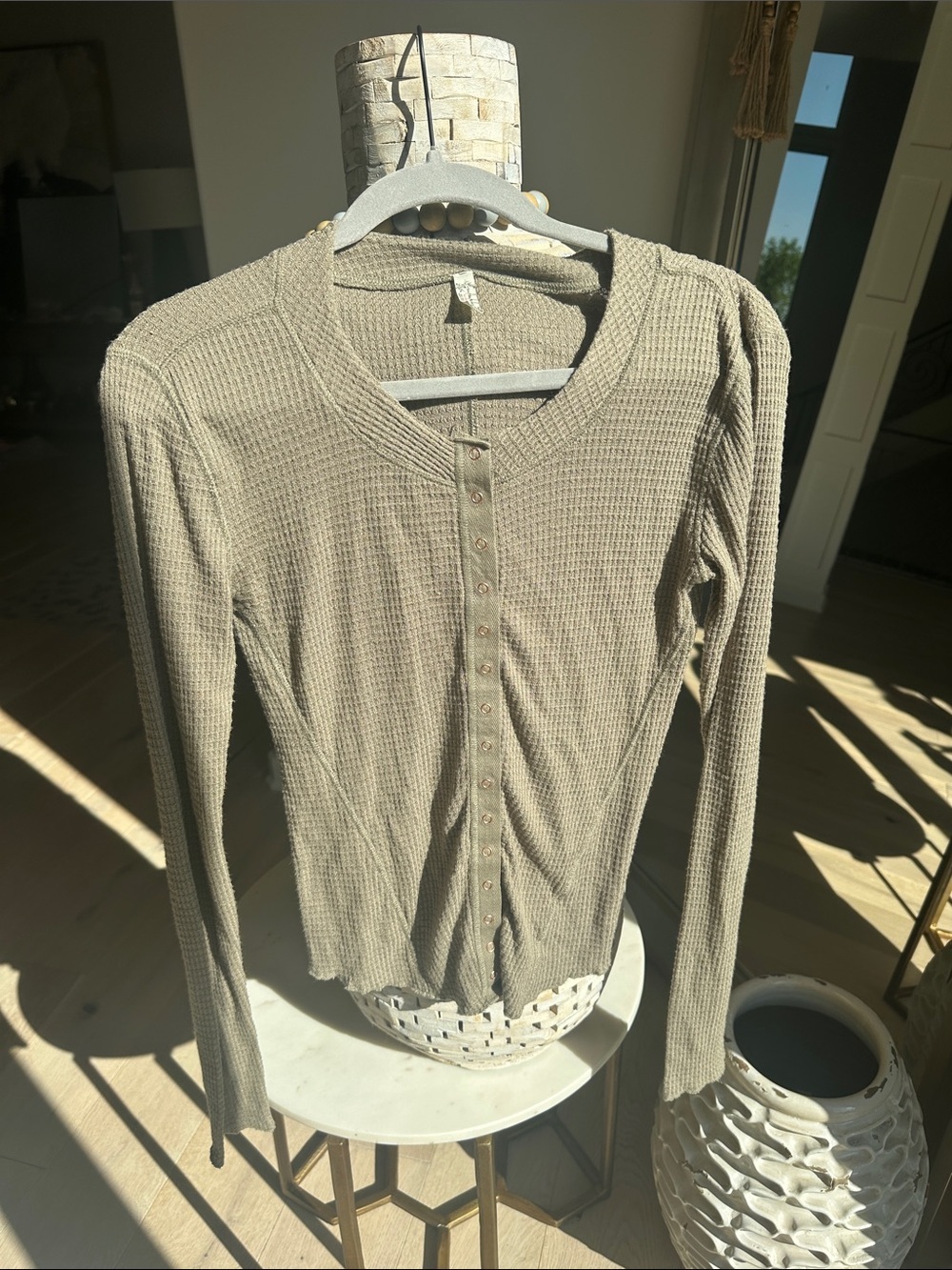 Free People Olive-Beige Waffle Henley Long Sleeve